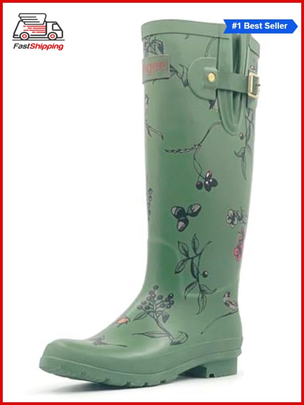 ✨ RONGEE Womens Waterproof Mid-Calf Rain Boots Rubber Adjustable Buckle Garden